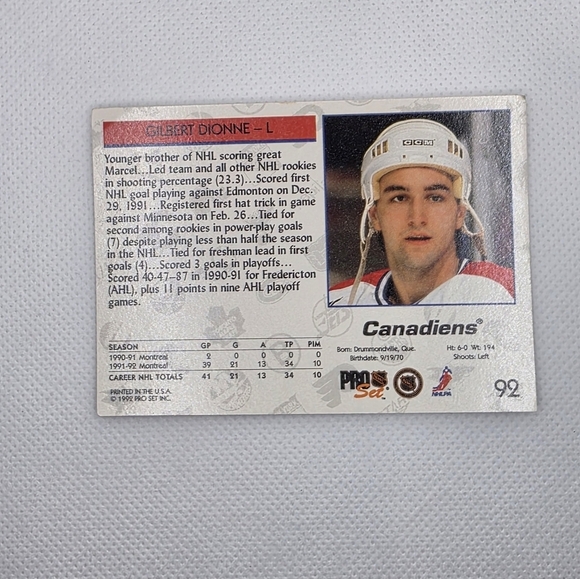 NHL 1992-93 Gilbert Dionne Montreal Canadiens #92 Pro Set Hockey Card - Picture 4 of 5